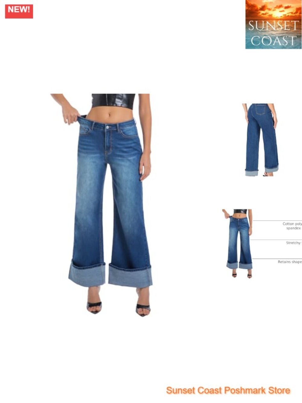 High Waisted Wide Leg Cuffed Stretchy Jeans Women Baggy Loose Denim Pants
